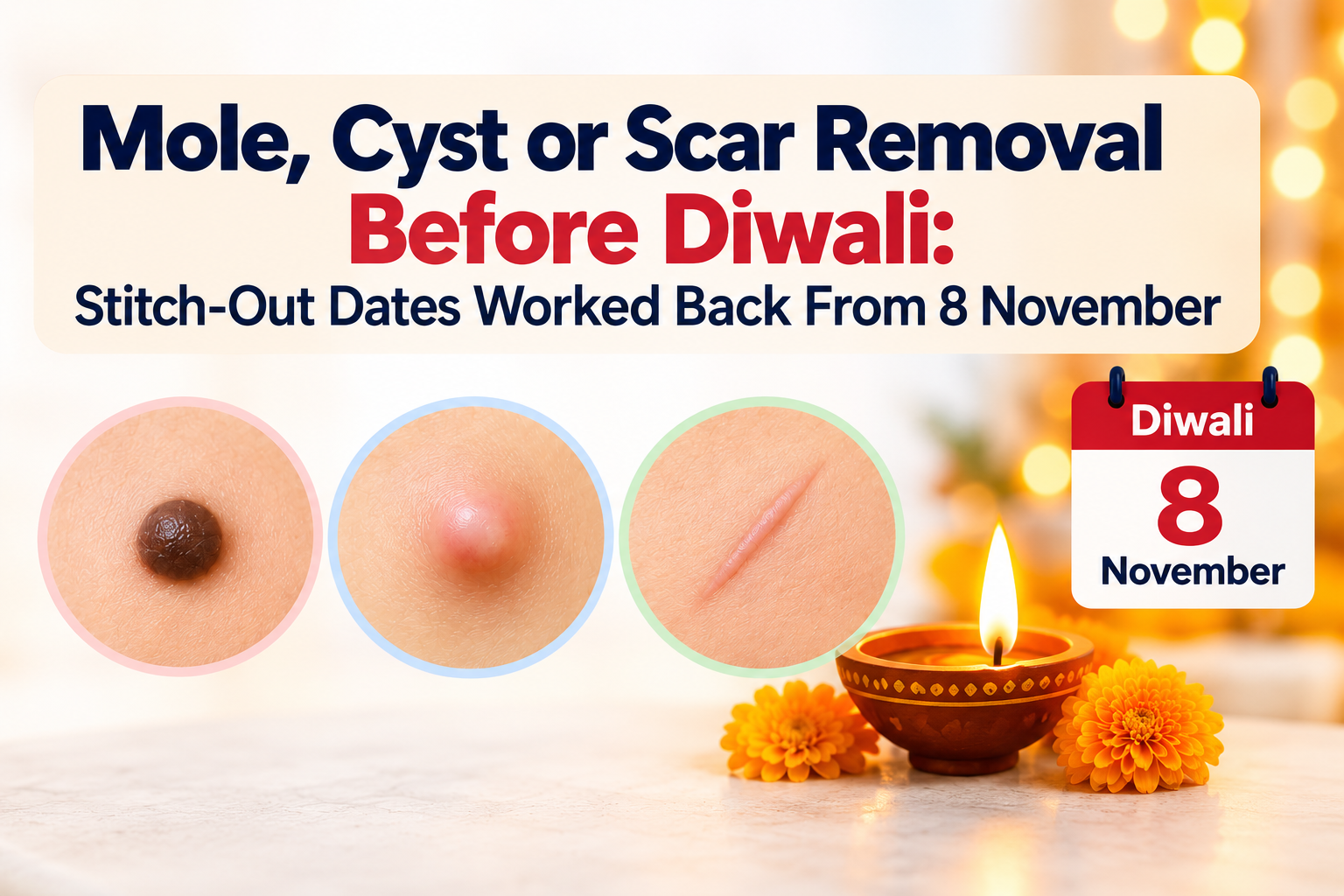 Mole, Cyst or Scar Removal Before Diwali: Stitch-Out Dates Worked Back From 8 November